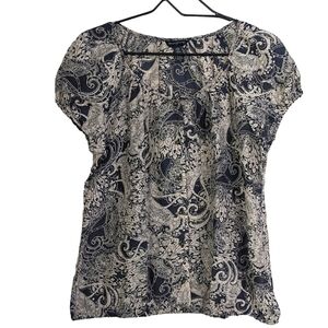 Banana Republic Silk Blend Blue Tan Boho Blouse Cap Sleeve Button Down Size M